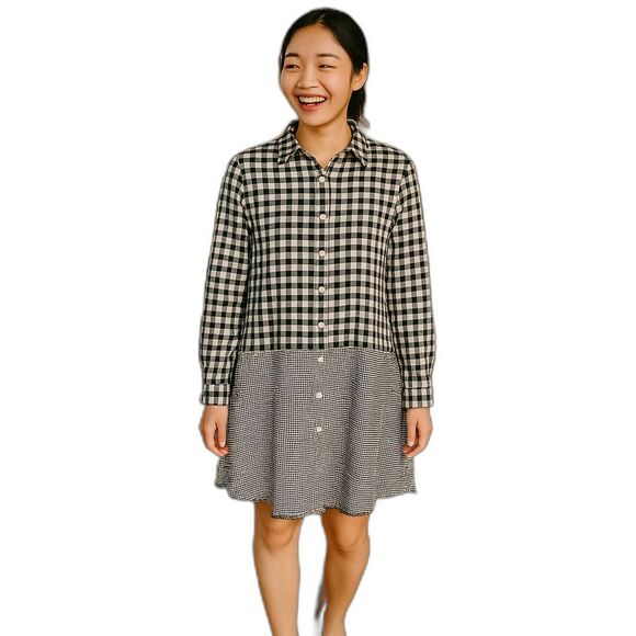 POL BOHO Oversized Small Black and White Checked Gingham Dress Frayed Hem - Picture 1 of 16